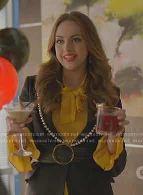 Fallon's yellow blouse and black jacket with pearls on Dynasty