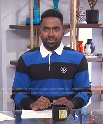 Justin's blue and black striped rugby shirt on E! News Daily Pop