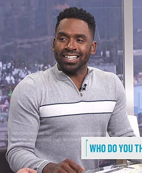 Justin's grey half zip sweater on E! News Daily Pop