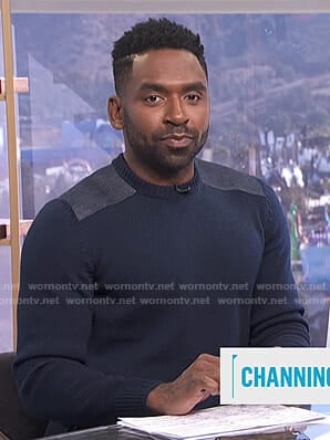 Justin's navy shoulder patch sweater on E! News Daily Pop