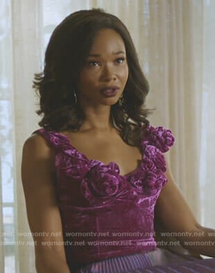 Monica's purple velvet sleeveless top on Dynasty
