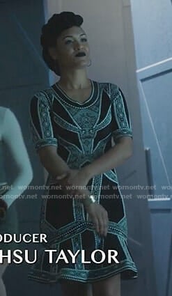 Reeva's black lace panel dress on The Gifted