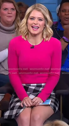 Sara's pink sweater and buffalo check skirt on GMA Day