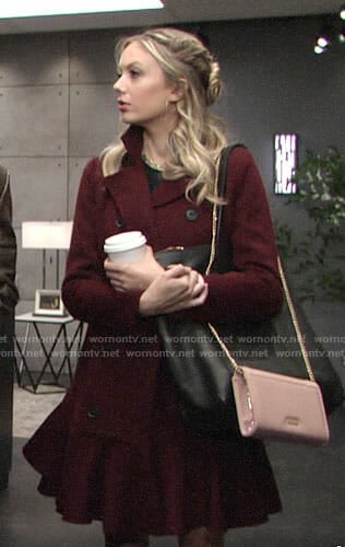 Abby's burgundy flared hem coat on The Young and the Restless