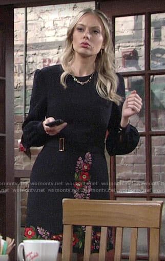 Abby's navy dress with floral embroidery on The Young and the Restless