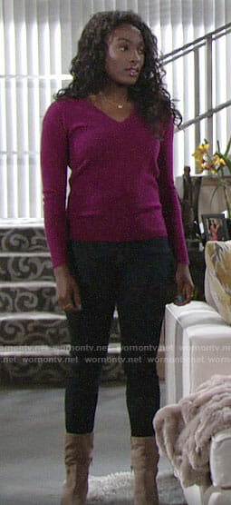 Ana's magenta v-neck sweater and boots on The Young and the Restless