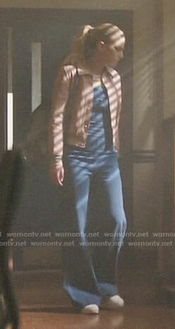 Betty's wide leg denim overalls and rainbow stripe tee on Riverdale
