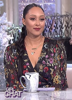 Tamera's black floral wrap top on The Real