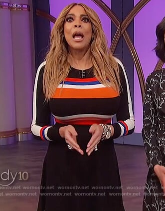 Wendy's black striped fit and flare dress on The Wendy Williams Show