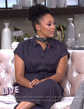 Tamera's blue tie front jumpsuit on The Real
