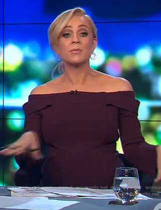 Carrie's burgundy off shoulder top on The Project