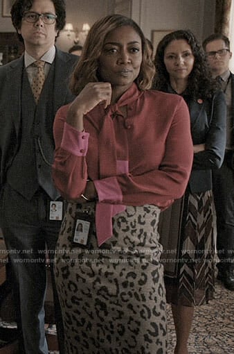 Daisy's red and pink blouse and leopard print skirt on Madam Secretary