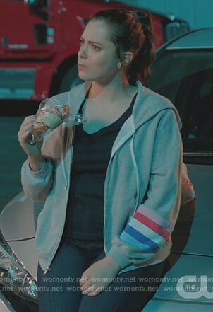 Rebecca's gray striped hoodie on Crazy Ex Girlfriend
