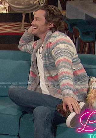 Oliver Hudson's sun and wave print cardigan on Busy Tonight