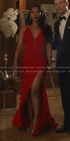 Iris's red plunge neck gown on The Flash