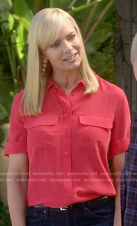 Jill's red short sleeve button down shirt on Mom