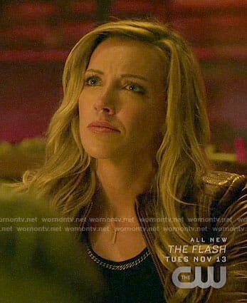 Laurel's black chain-trim tee on Arrow