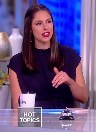 Abby's navy button shoulder jumpsuit on The View