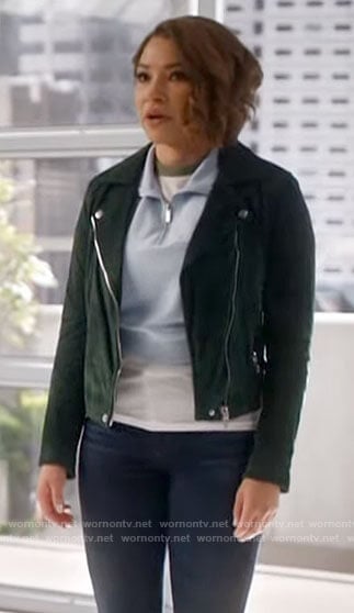 Nora's green suede moto jacket on The Flash