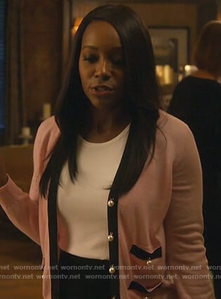 Michaela's pink pearl button cardigan on How to Get Away with Murder
