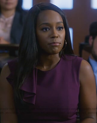 Michaela's purple ruffle shoulder sheath dress on How to Get Away with Murder