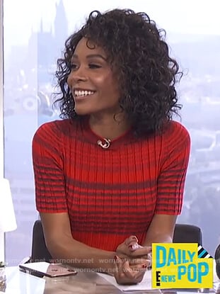 Zuri's red striped short sleeve sweater on E! News Daily Pop