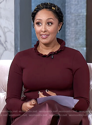 Tamera's burgundy ruffle neck dress on The Real