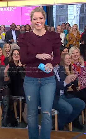 Sara's purple ruffled sweater and jeans on GMA Day