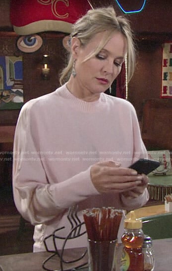 Sharon's pink silk back sweater on The Young and the Restless