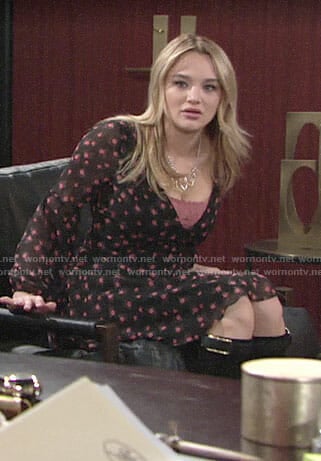 Summer's black flower print dress on The Young and the Restless
