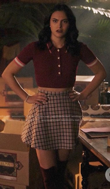Veronica's cropped burgundy polo top on Riverdale