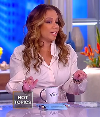 Sunny's white gathered wrap blouse on The View