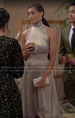 Zoe's metallic pleated Thanksgiving dress on The Bold and the Beautiful