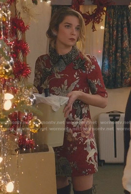 Alexis's red floral mini dress with embellished patches on Schitt's Creek