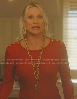 Alexis's red ribbed sweater with gold buttons on Dynasty