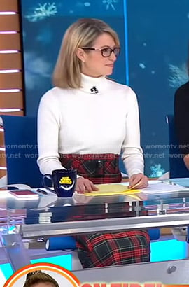 Amy's white turtleneck sweater and plaid skirt on Good Morning America