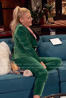 Busy's green velvet suit and I Was Told There'd Be Wine Tee on Busy Tonight