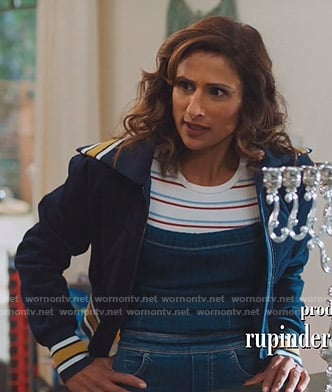 Emet's navy cropped jacket and striped tee on I Feel Bad