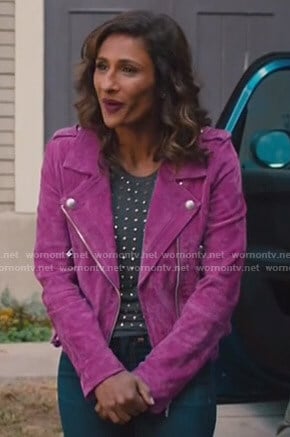 Emet's purple suede moto jacket on I Feel Bad