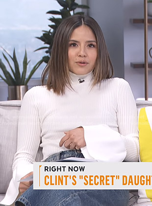 Erin's white ribbed bell sleeve sweater and cropped jeans on Live from E!