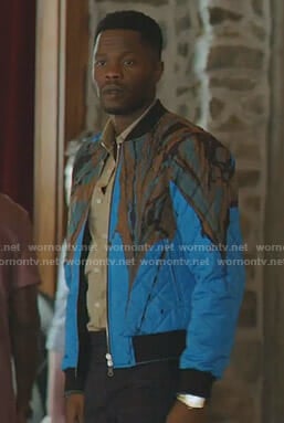 Jeff's blue marble print bomber jacket on Dynasty
