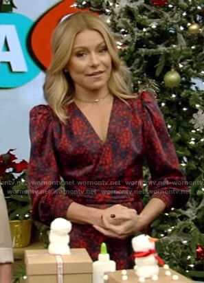 Kelly's red small flower print wrap dress on Live with Kelly and Ryan