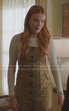 Kirby's beige plaid pinafore dress on Dynasty