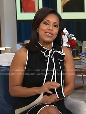 Sheinelle's black tie neck dress with white piping on Today