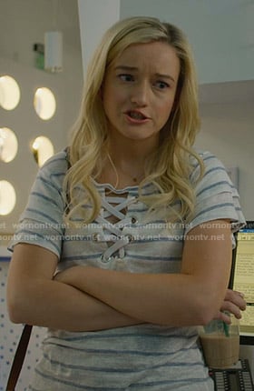 Terra's white striped lace-up tee on Dirty John