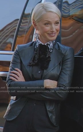 Ada's black embellished collar blouse and leather jacket on Dynasty