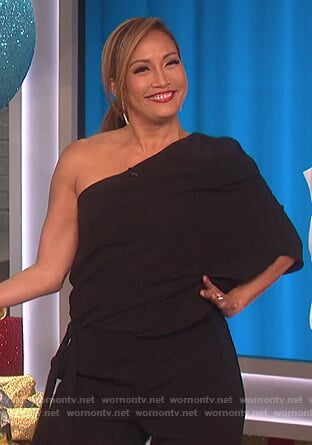 Carrie's black one shoulder jumpsuit on The Talk