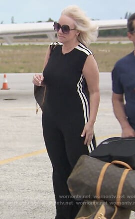 Margaret's black side stripe jumpsuit on The Real Housewives of New Jersey