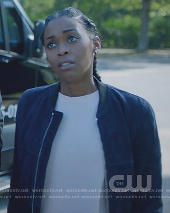 Anissa's blue suede bomber jacket on Black Lightning