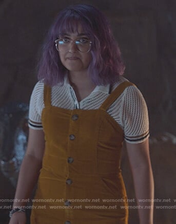 Gert's brown button front jumpsuit and mesh polo on Marvel's Runaways